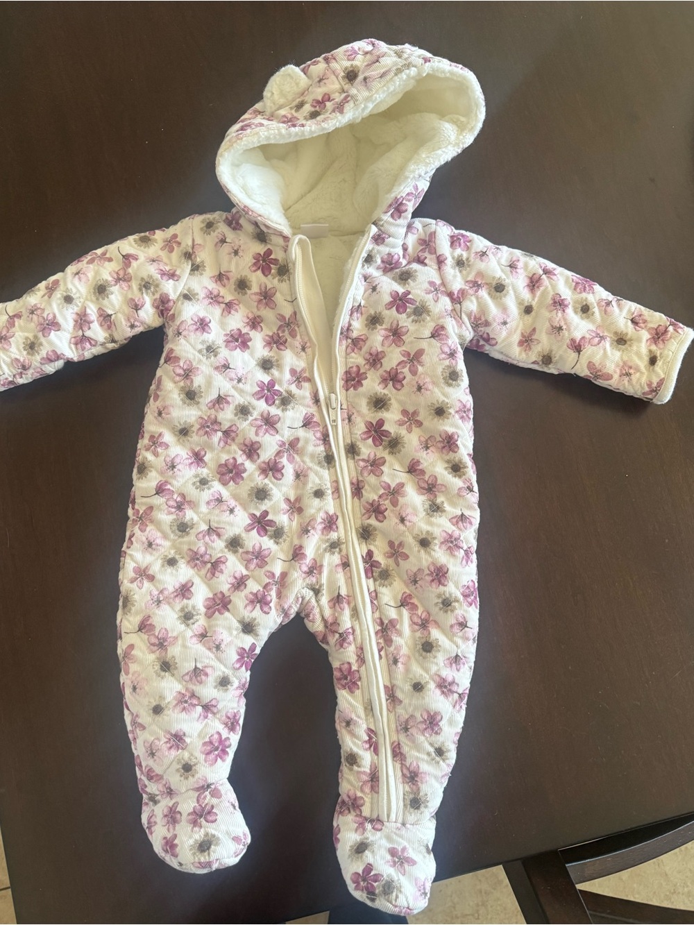 Nordstrom Baby - Cozy Floral Hooded Baby One-Piece - Cream with Pink Flowers